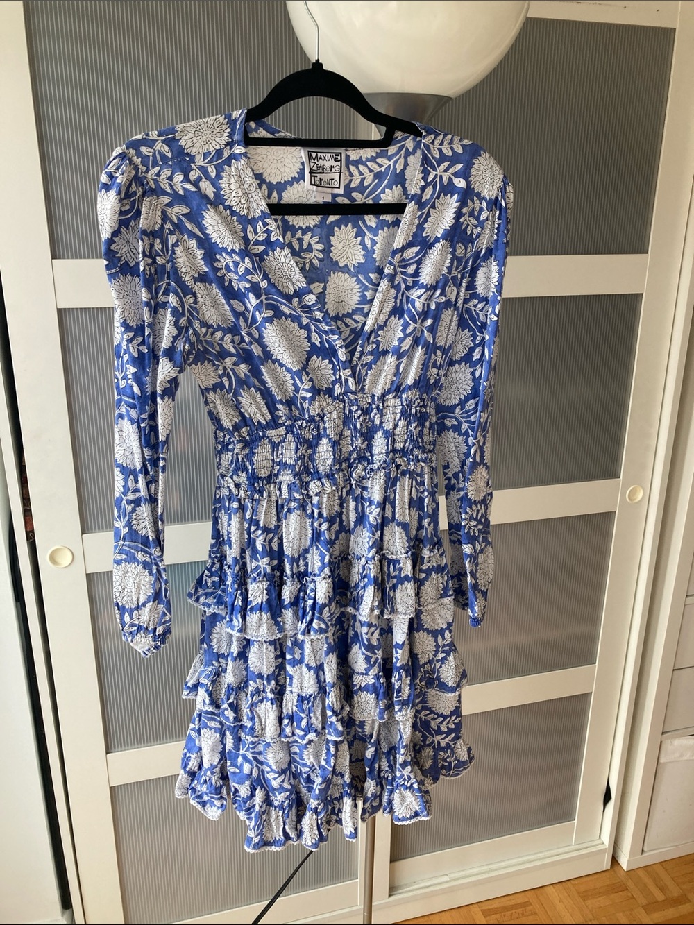Blue and White Floral Tiered Long-Sleeve Dress 100% cotton super cute
